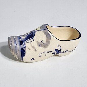 Ceramic Dutch Windmill Painted Clog Shoe Planter Japan Blue White VTG